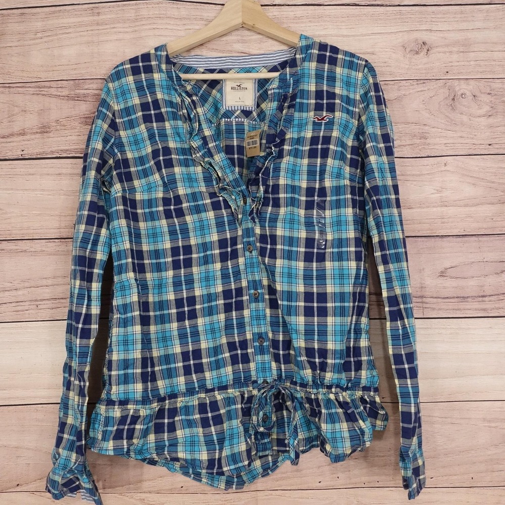 New! Hollister Button-Up Womens L Blue V-Neck Ruffle Peplum Drawstring Shirt